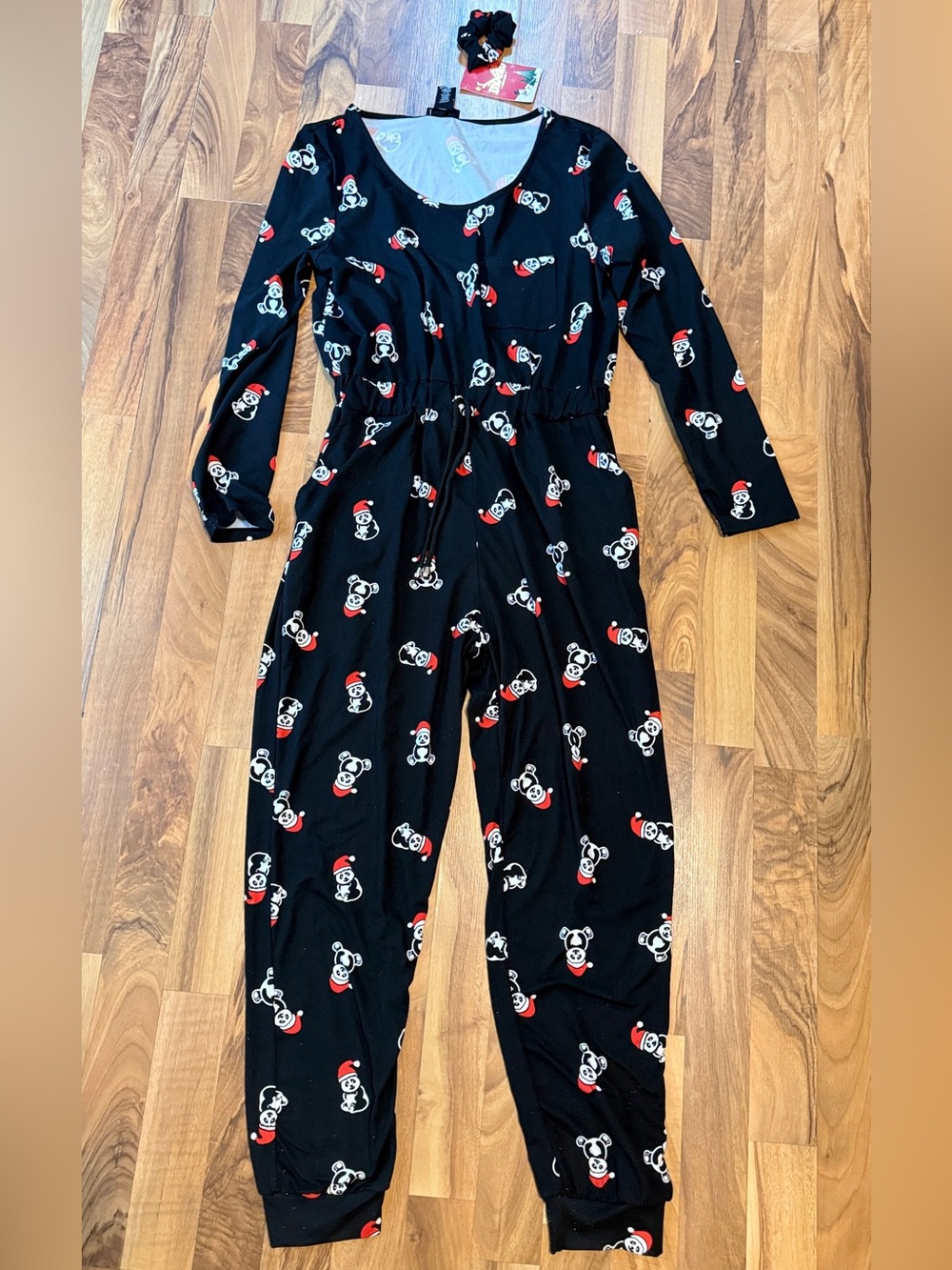 Women's Black Holiday Bear Print Long-Sleeve Jumpsuit Pajama